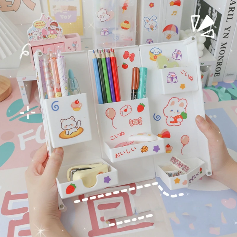 

Kawaii настольная полка для хранения для девочек, увеличивающая высоту полка, многоуровневый ящик для хранения для студенческого общежития, К...