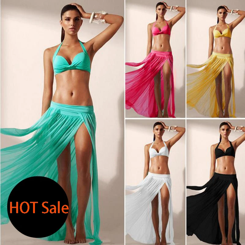 

Sexy Women Stretch Mesh Skirt Fashion Bikini Elastic Waist Hem Split Cover-up Sexy Fork Beach Skirt Holiday Bathing