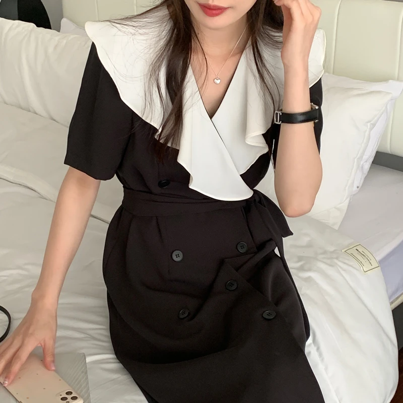 

SuperAen 2022 Summer Retro Contrast Flounce Collar Double-breasted Waist Lace-up Straight Mid Calf Dress for Women