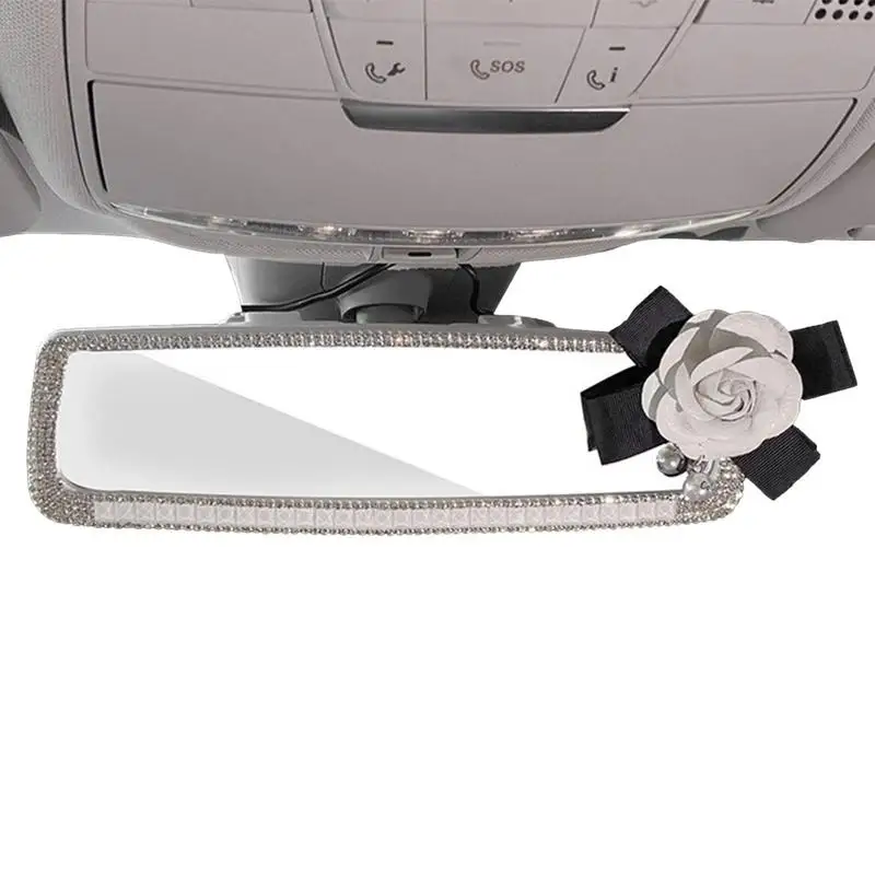 

Fashion Bling Car Rearview Mirror Camellia Sun Visor Mirror With Dazzling Rhinestones Multifunctional Automobile Interior Sets