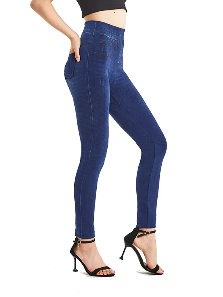 VISNXGI Stretchy Solid Color Plus Size Jeggings Fashion False Jeans Women Tight Seamless Pocket Leggings Soft Pencil Pants images - 6