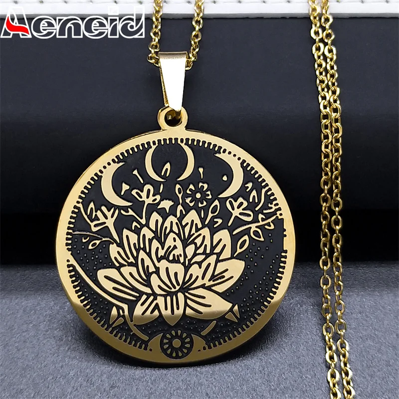 

Lotus Flower Moon Eye Witchcraft Necklace Men Women Stainless Steel Gold Plated Indian Necklaces Jewelry colgante hombre N918S04