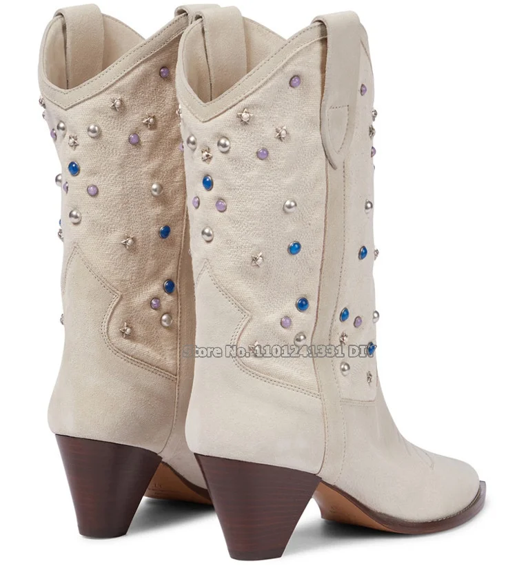 Real Cow Leather Gemstone 6Cm Spike Heeled Short Boots Ladies Rivets High Heel Autumn Winter Mid Calf Boots Plus Size