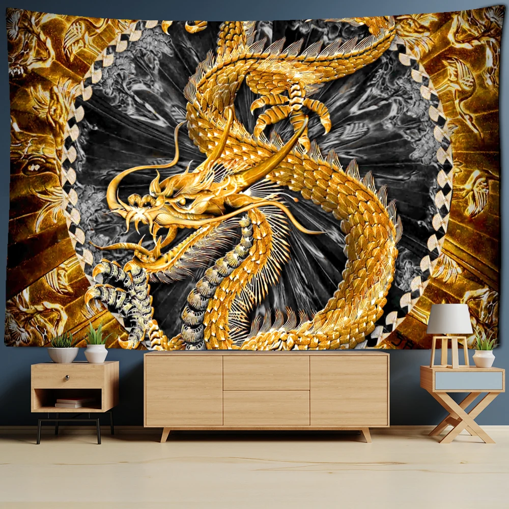 

Chinese Dragon Totem Tapestry Cartoon Castle Wall Hanging Room Carpet Bedspread Beach Mat Tapis Home Decor Tapestries Art Home