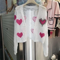 sweet girls cardigan hollow out heavy industry diamond knitwear womens long sleeve thin knitted shirt 2022 summer new cardigans
