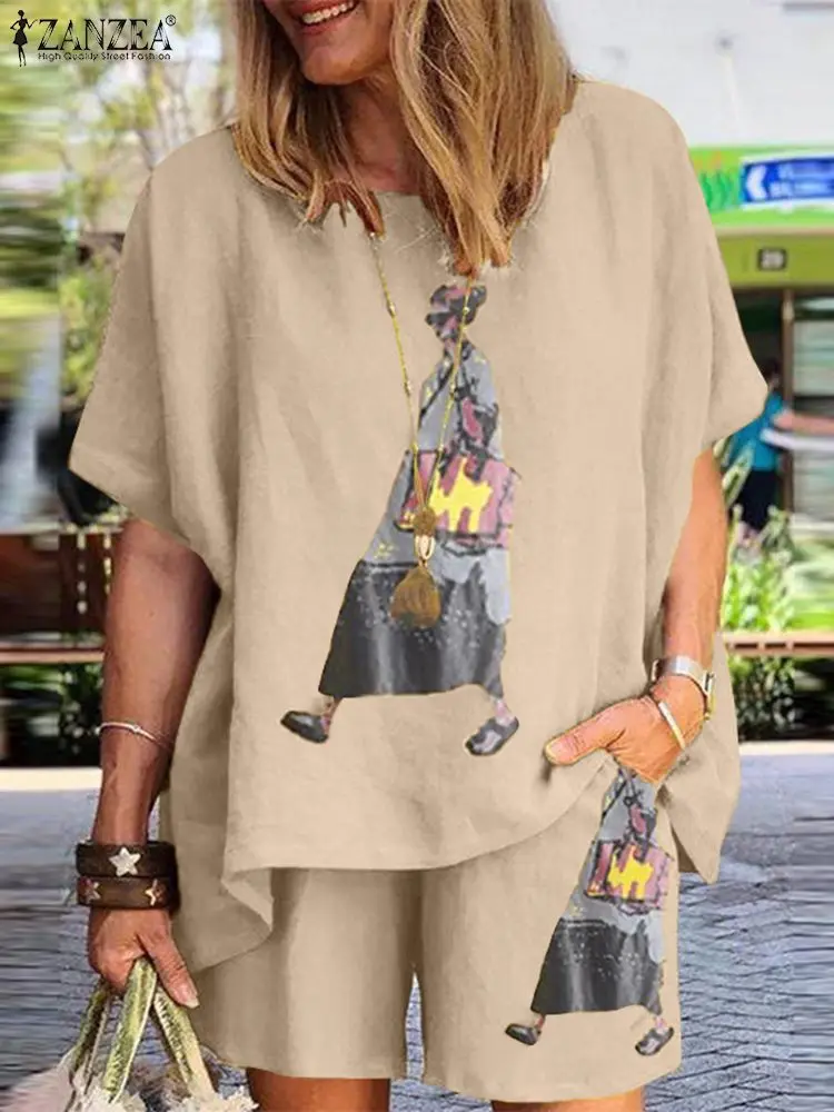 

ZANZEA Wide-legged Holiday Short Pant Trouser Sets Summer Women Printed Matching Set Half Sleeve O-Neck Side Pockets Blouse 2022