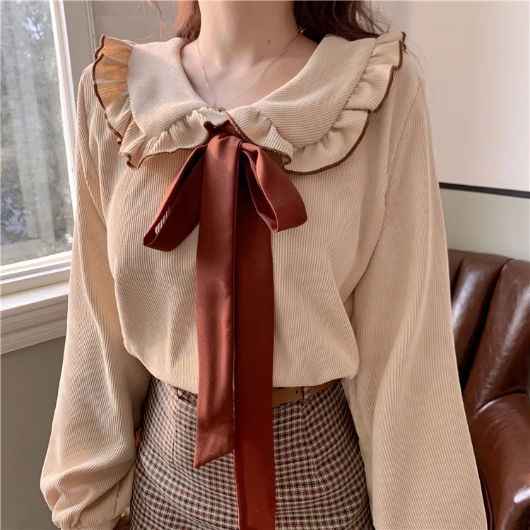 

Summer Autumn 2023 Sweet Elegant Peter Pan Collar Long Sleeve Ruffles Single Breasted Blouses Temperament Chic Blouses for Women
