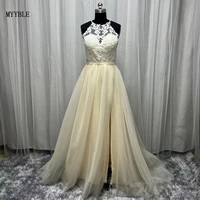 2022 real photo cheap champagne bohemian wedding dresses illusion lace applique tulle beach bridal gowns women summer