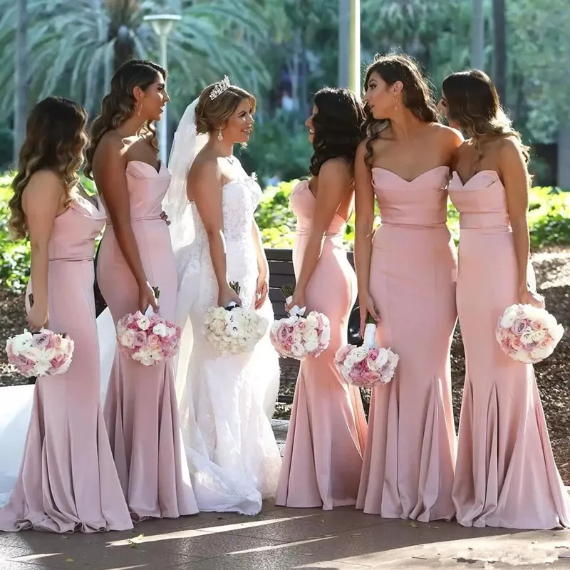 

Blush Pink Sweetheart Satin Mermaid Long Bridesmaid Dresses Ruched Floor Length Wedding Guest Long Maid Of Honor Dresses
