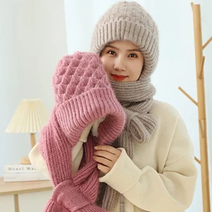 Шапка и шарф все в одном, вязаная женская зимняя теплая плюшевая шапка, шарф, утолщенная шапка с капюшоном для защиты ушей, лыжная Женская Шапка-бини для активного отдыха