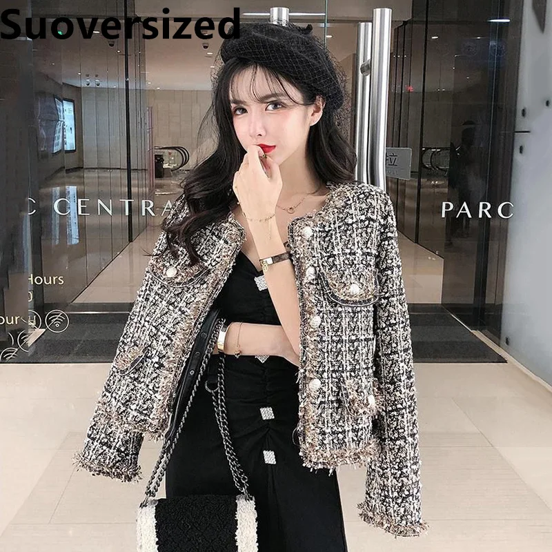 

Spring Fall Short Tweed Small Fragrant Jackets For Women Korean Chic Elegantes Coats New Loose Casual Fashion Vintage Outwear