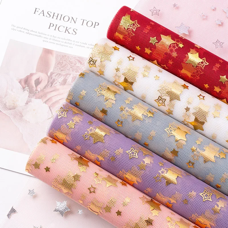 

50cmX4.5m Hot Gold Star Moon Yarn Flower Bundle Packaging Paper Flower Shop Decoration Tulle Rose DIY Flower Wrapping Material