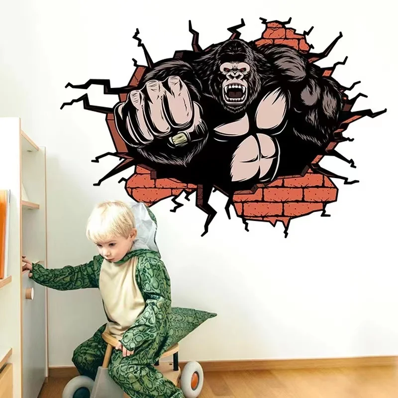 

King Kong 3D Wall Stickers for Children Room Power Orangutan Breaks The Wall Bedoom Decor Removable Art Wall Decal Mural