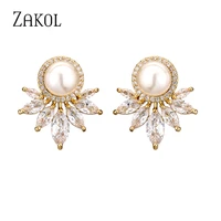 zakol korean elegant cubic zirconia pearl small stud earrings simple wedding engagement gold color jewelry for women ie047