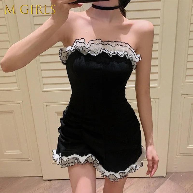 

N GIRLS Sexy Woman Dress Strapless Black Y2k Vvestidos De Mujer 2022 New Arriveal Robe Korean Sweet Ruffles Bodycon Mini Dresses