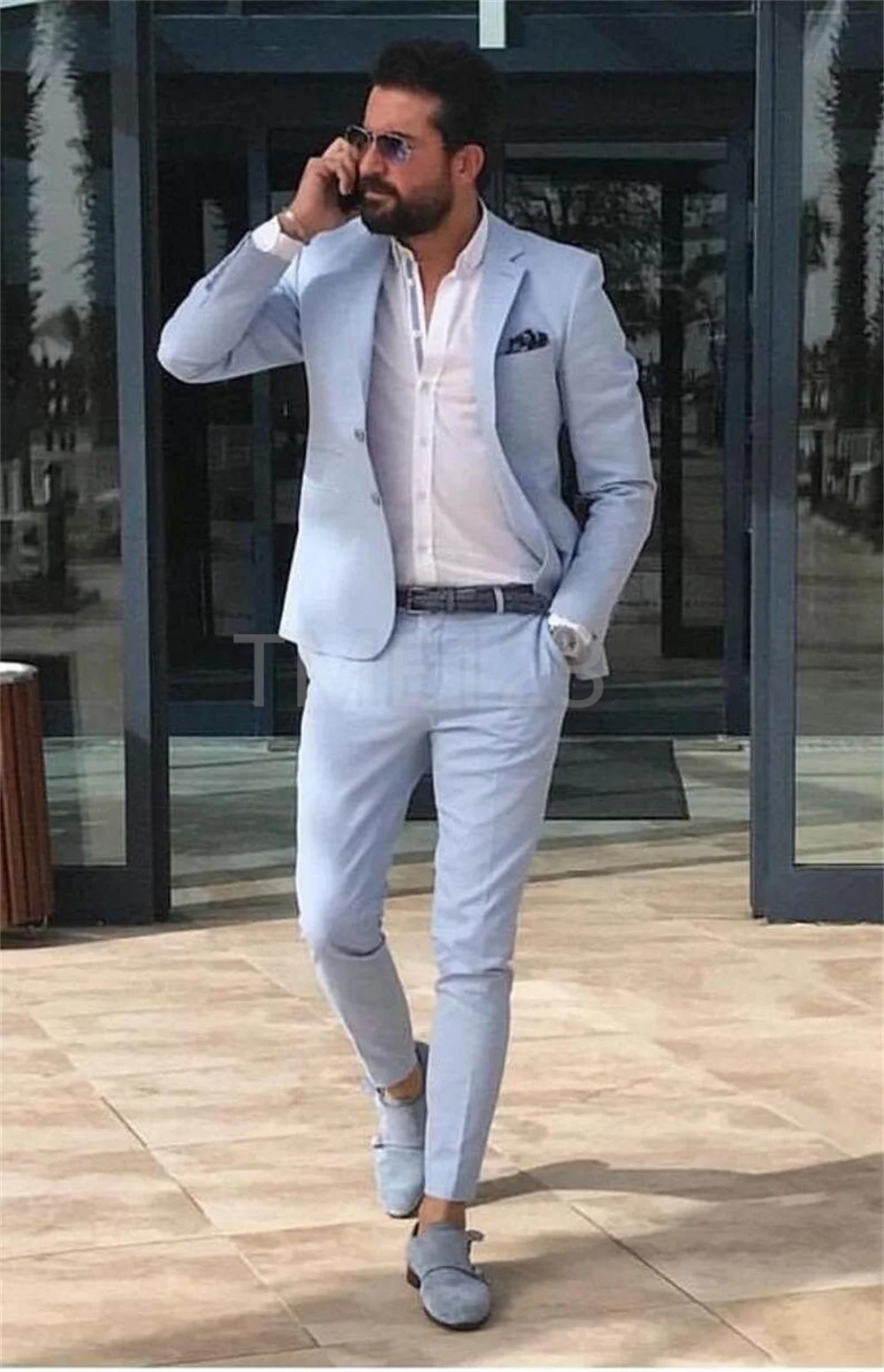 2022 Casual Fashion Luxurious Business Men's Suit for Wedding Party Tuxedos Slim Fit Peak Lapel Sky Blue Suits Male(Jacket+Pant)