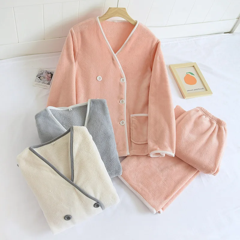 Autumn and winter new women's coral fleece pajamas long-sleeved trousers two-piece flannel women's plus size warm homewear suit