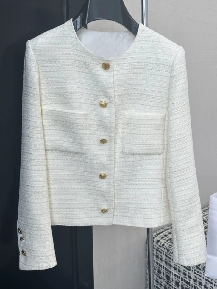 

2023 Autumn Spring Vintage White Woven Jacket Women Tops Striped Short Tweet Coat New Single Breasted Elegant Abrigos Para Mujer