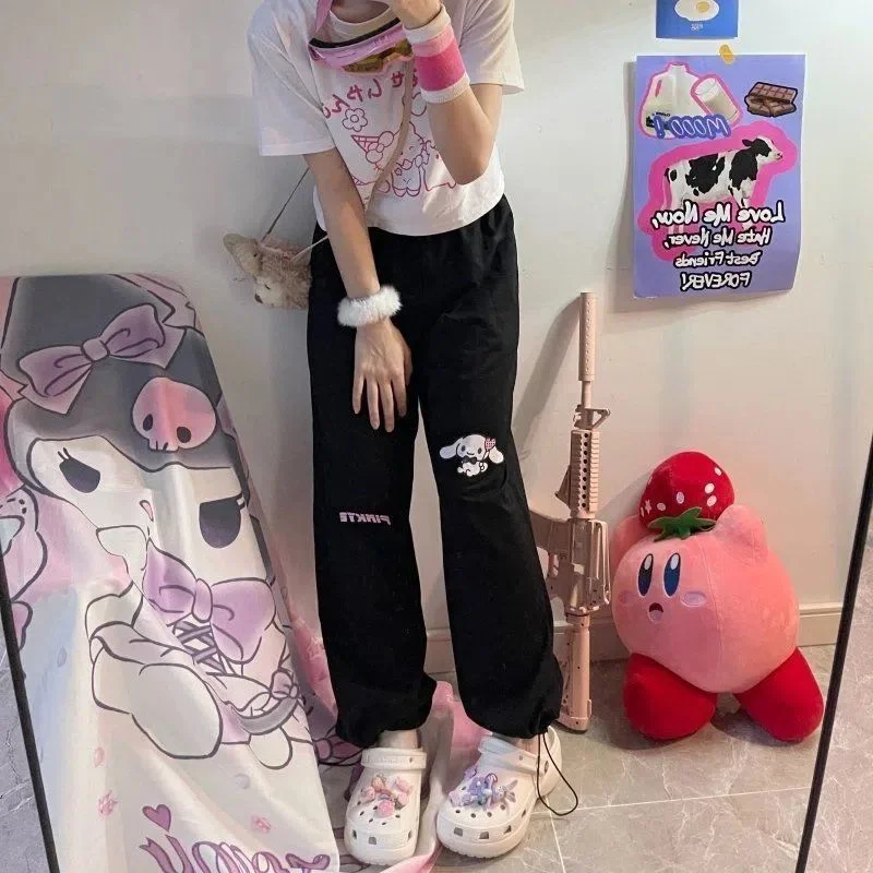 

Sanrio Cinnamoroll Anime Loose High Waist Pants Autumn Winter Wide Legs Sports Leisure Plus Velvet Thicken Bound Feet Long Pants