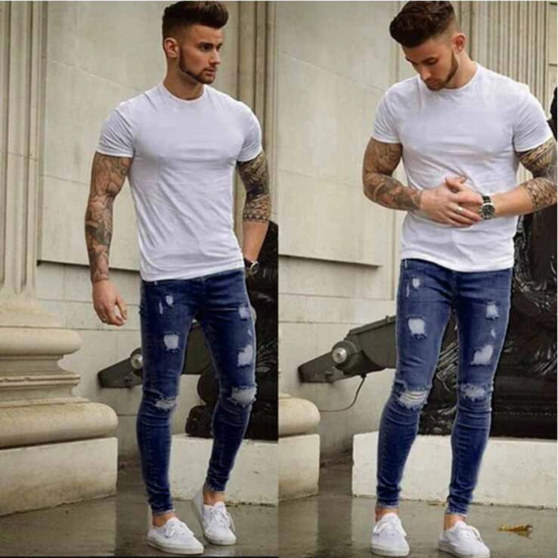 Fashion Mens Ripped Skinny Jeans Men Slim Fit Hole Pencil Pants Casual Biker Trousers Streetwear High Quality Denim Man Clothing