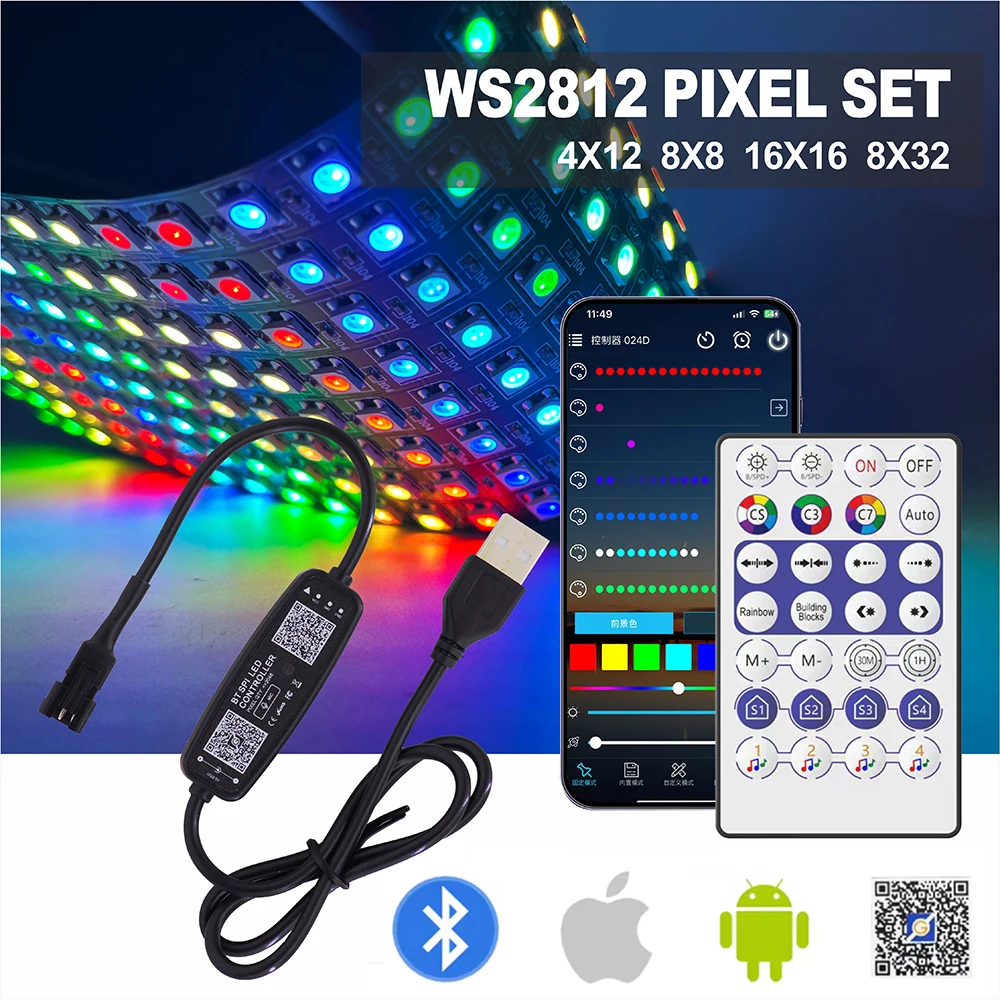 Фото Светодиодный комплект 5В WS2812 с USB, Bluetooth, музыкальным управлением, 28-клавишным контроллером, индивидуально адресуемый, матричный экран 8X8, 4X12, 16X16, 8X32 №1