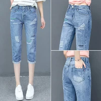 women solid casual high waist ripped pocket skinny straight denim capris jeans calf length capri trousers spring summer e83