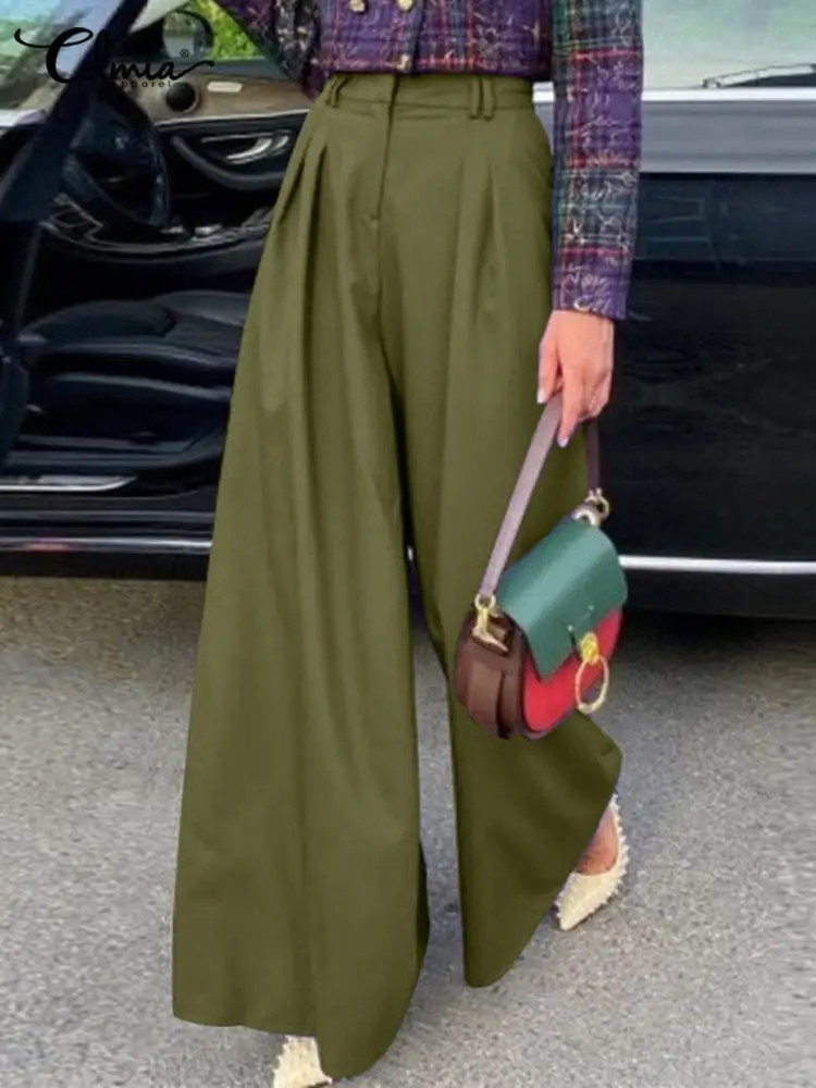 

Celmia Pressed Pleats Stylish Party Pantalones Pocket Summer Women's Fashion Streetwear Pants High Waist Wide Led Long Trousers