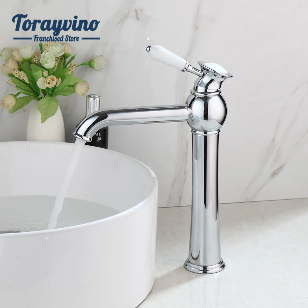 

Torayvino Luxury Chrome Polished Bathroom Vessel Sink Faucet Deck Mounted Ceramics Single Handle Basin Mixer Water Tap