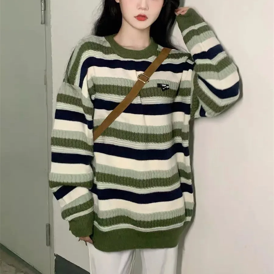 

2022 Autumn Winter Long Sleeve Striped Pullover Women Harajuku Men Casual Oversize Knitted Sweaters Kawaii Japan Style Couple