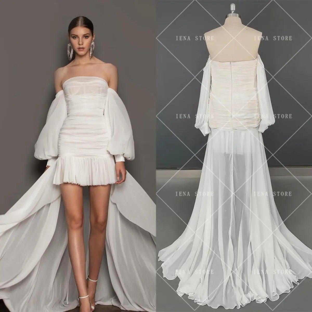 

Женское вечернее платье с открытыми плечами, кремово-белое плиссированное платье с длинным хвостом, для выпускного вечера, 15256 # IENA