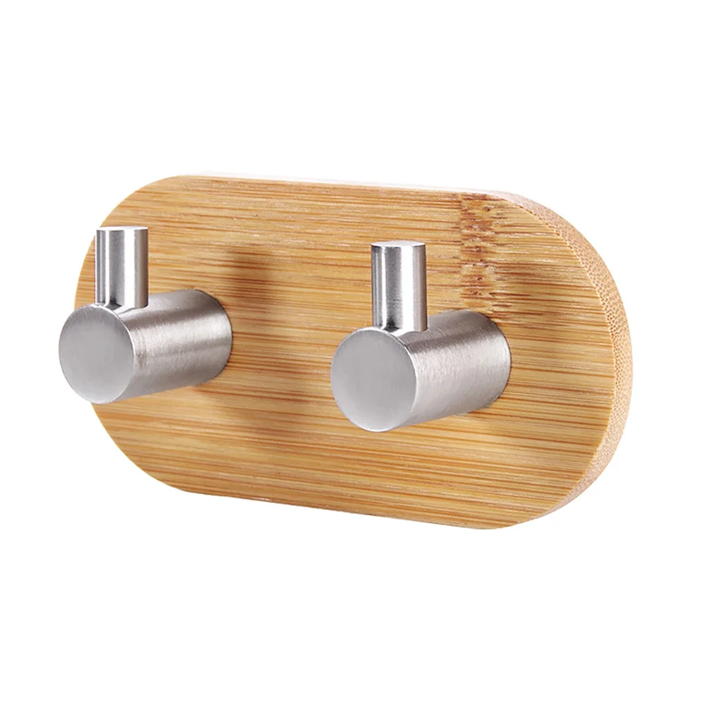 

Stainless Steel and Bamboo Double-hook Hanger Self-adhesive Traceless Clothes Hook for Bathroom Kitchen