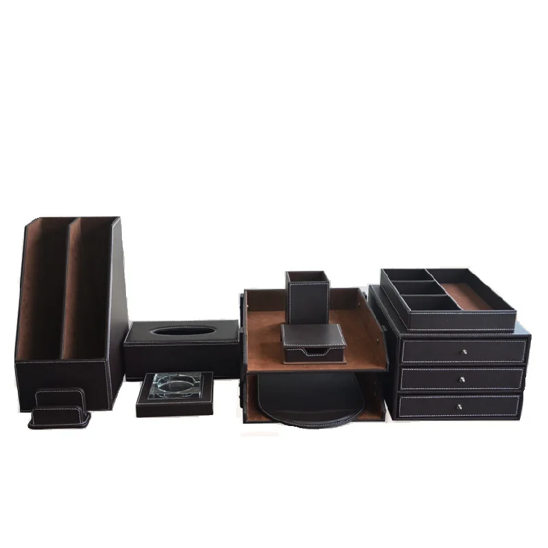 High-End Business Leather Office Supplies Set Gift Pen Holder Desktop File Cabinet Desktop Storage Box