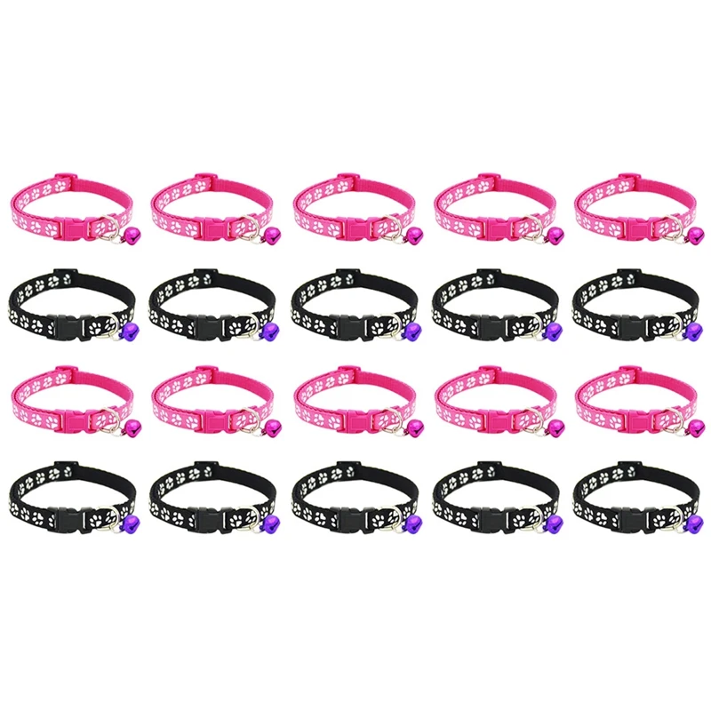 

20 Pack Adjustable Cat Collar With Bell, Fashion Paw Print Design Pet Collar, Breakaway Collar For Cats (Rose And Black) Promoti