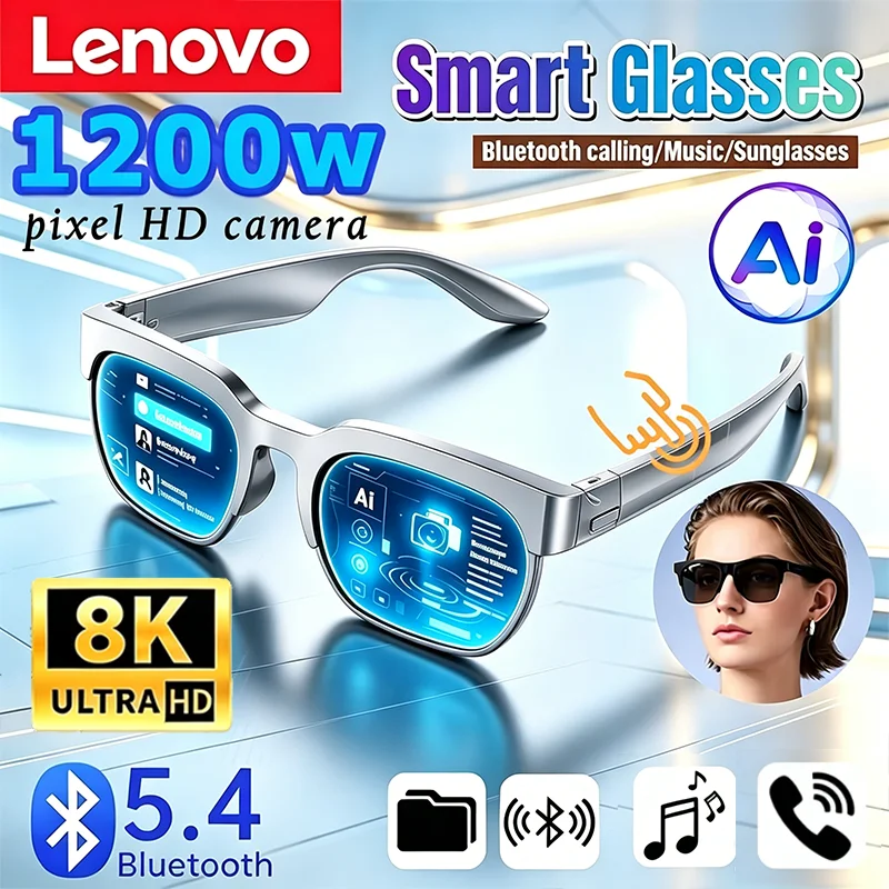 Фото Беспроводные умные очки Lenovo с ИИ, Bluetooth-пультом, поддержкой 8K HD фото, звонков, музыки, спортивные солнцезащитные очки, подарок для мужчин и женщин, для повседневного использования №1