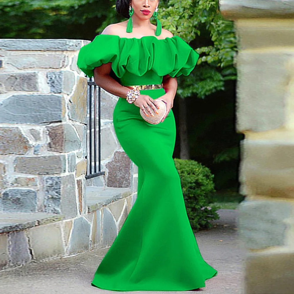 

Женское вечернее платье с юбкой годе, элегантное зеленое платье в пол с открытыми плечами и высокой талией для дня рождения