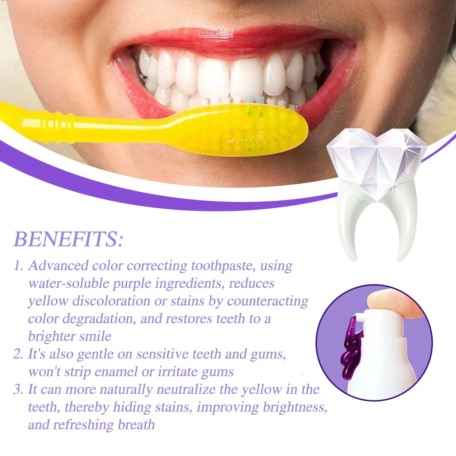 Зубная паста с корректором фиолетового цвета уменьшает пожелтение налета