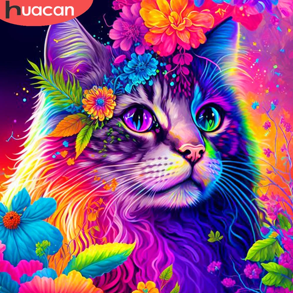 

HUACAN 5D DIY Diamond Painting Colorful Cat Full Square Round Drill Embroidery Animal Mosaic Picture Of Rhinestone Home Decor