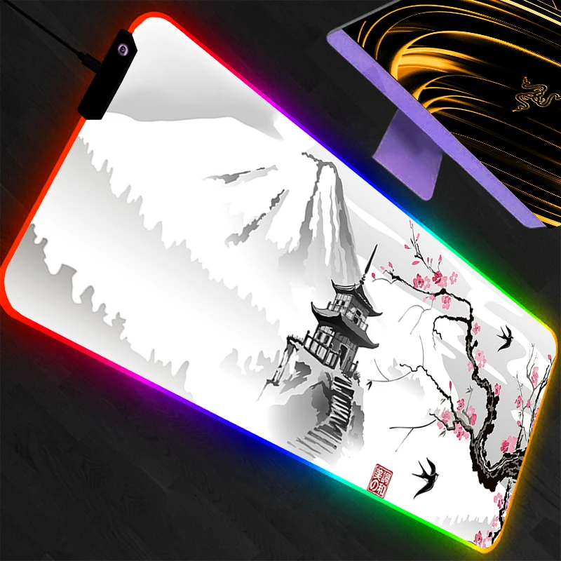 

Japanese Cherry Blossom Pagoda Computer Gaming Mouse Pad RGB PC Laptop Gamer Mousepad Anime Large LED Carpet Mat Backlit Sakura