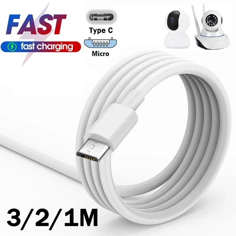 3/2/1m Micro USB Type C Charging Cable for Samsung Xiaomi Universal Android Phone Data Sync Cord Security Camera Extension Cable