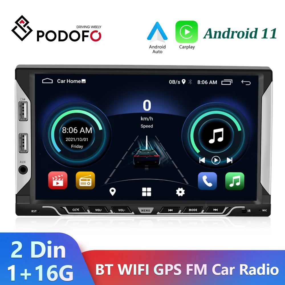 Podofo Carplay GPS Car Stereo Radio 7'' Android 11 GPS BT WIFI USB FM Video Player For VW Nissan Hyundai Toyota Universal 2din