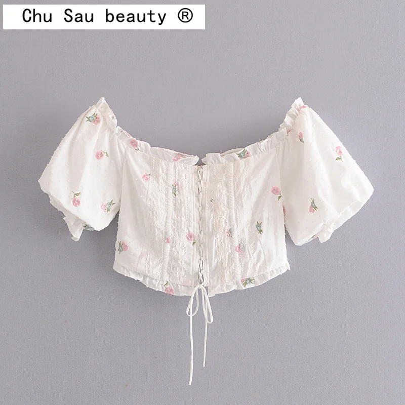 

Chu Sau beauty Women Summer Tops Sweet Casual Self-cultivation Straps Shoulder Embroidered Puff Sleeve Short-sleeved Shirt Woman