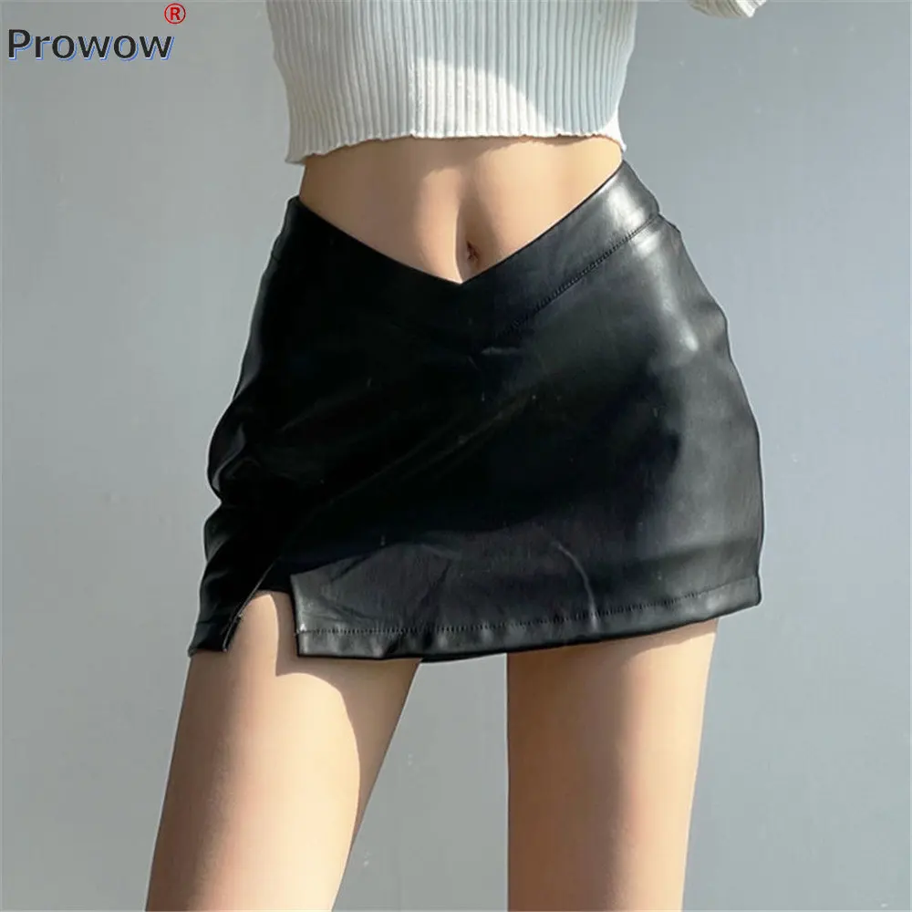 

Женская юбка-шорты из ПУ кожи, с разрезом и заниженной талией