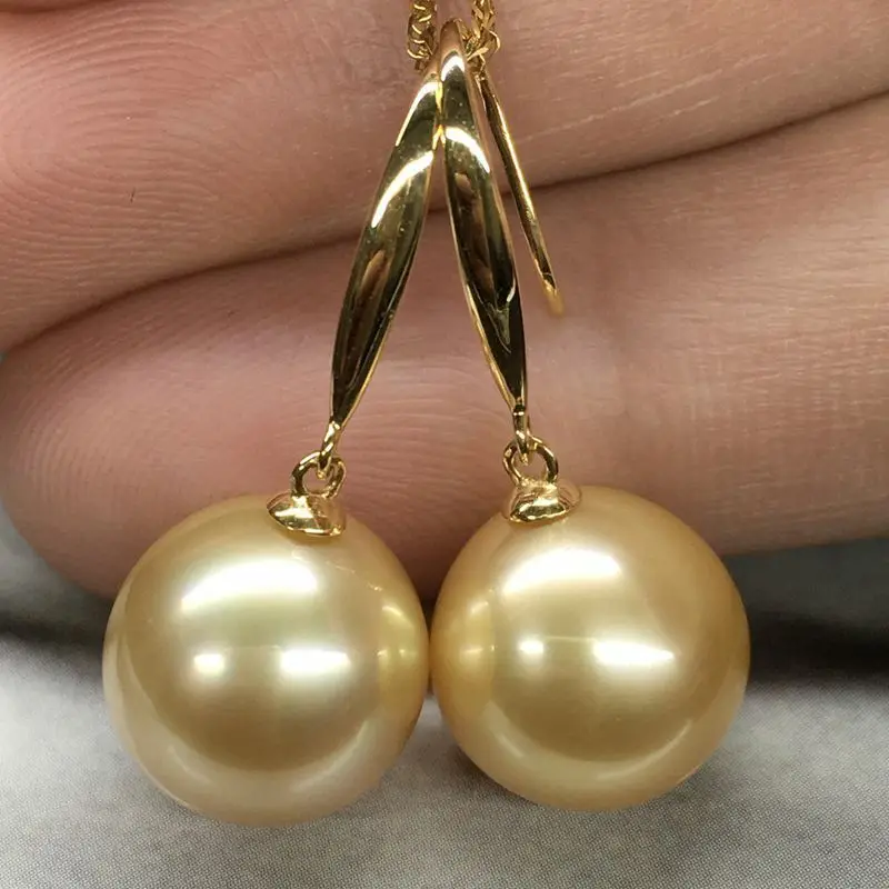 Огромные идеальные круглые серьги AAAA 10-11 мм с золотым жемчугом южного моря