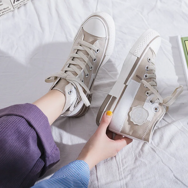 Spring 2023 New Women's Canvas Shoes High Top Fashion Trendy Plaid Patchwork Casual Shoes Female Student Korean Version Sneakers