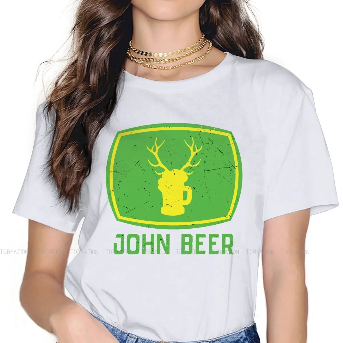 

For Farmer With Green Tractor Classic Women TShirt John Beer Girls Basic Tops Cotton Female T Shirt 5XL Funny Fashion Gift