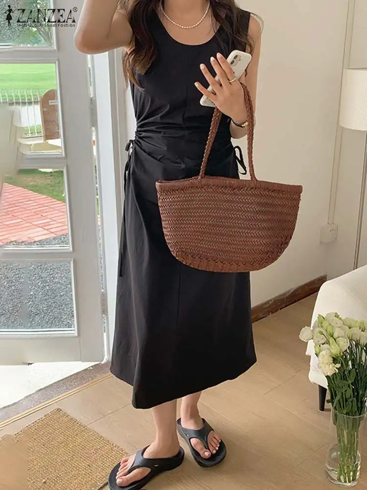 

ZANZEA Bohemian Women Solid Summer Loose Dress Sleeveless O-Neck Maxi Sundress Casual Vintage Loose Kaftan Beach Holiday Vestido