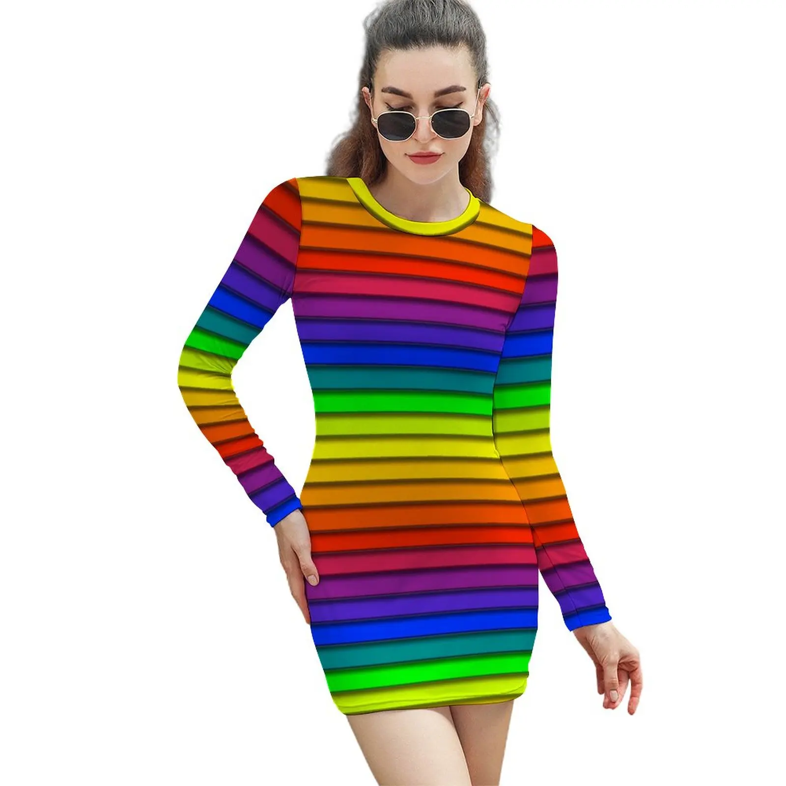 

Rainbow Striped Dress Woman Horizontal Lines Streetwear Bodycon Dress Spring Long Sleeve Pretty Dresses Pattern Oversize Vestido