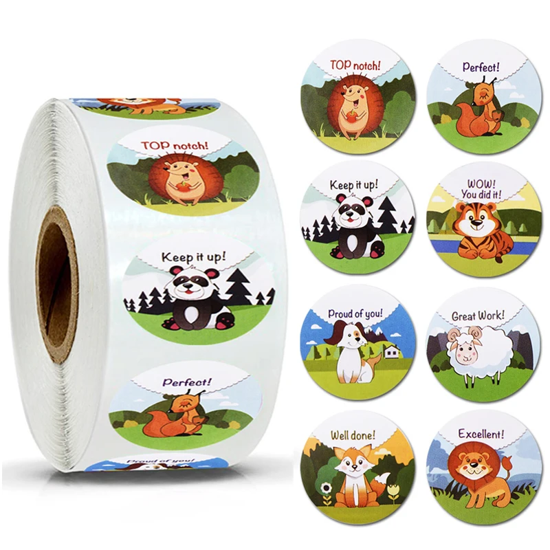 

500 Pcs/Roll Cartoon Animals Stickers Reward Words Stickers School Teacher Encourage Student Kawaii Stickers for Kids Toy Label