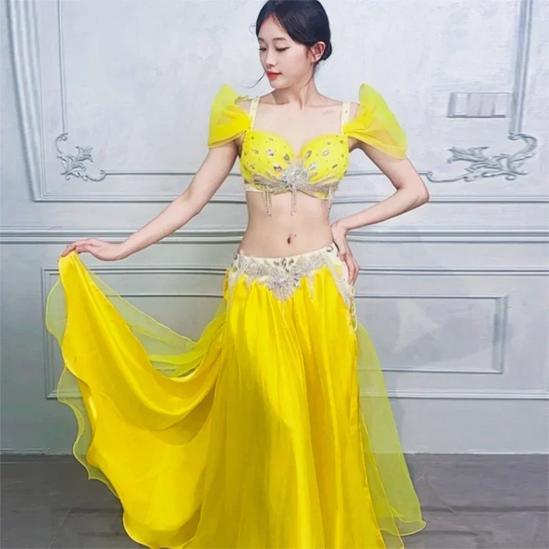 Фото Костюмы для выступлений BellyDance для женщин, бюстгальтер с камнями AB для пожилых людей + длинная юбка, 2 предмета, профессиональная одежда для соревнований по восточному танцам №2
