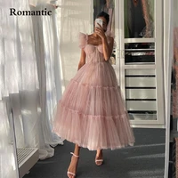 romantic simple light pink short prom dresses spaghetti straps tiered tulle prom gowns sweeheart tea length evening party dress